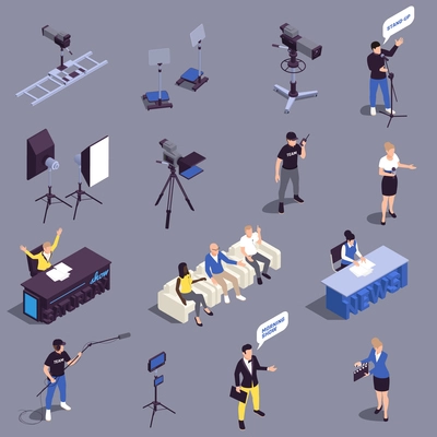 TV show isometric icons set with industry and equipment symbols vector illustration