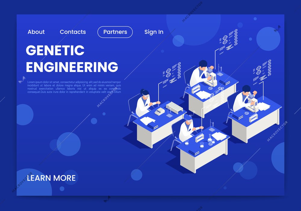 Genetic engineering isometric page design with laboratory symbols vector illustration