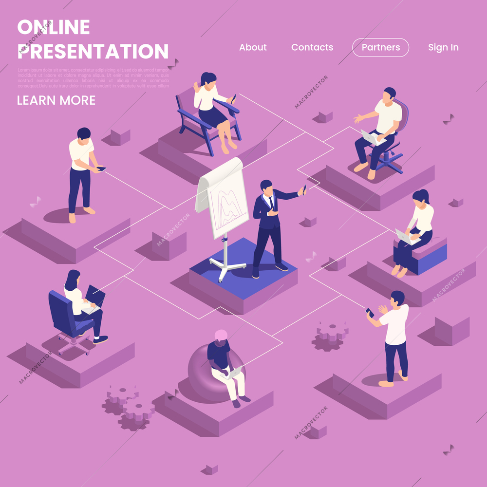 Presentation and conference page design with online discussion symbols isometric vector illustration