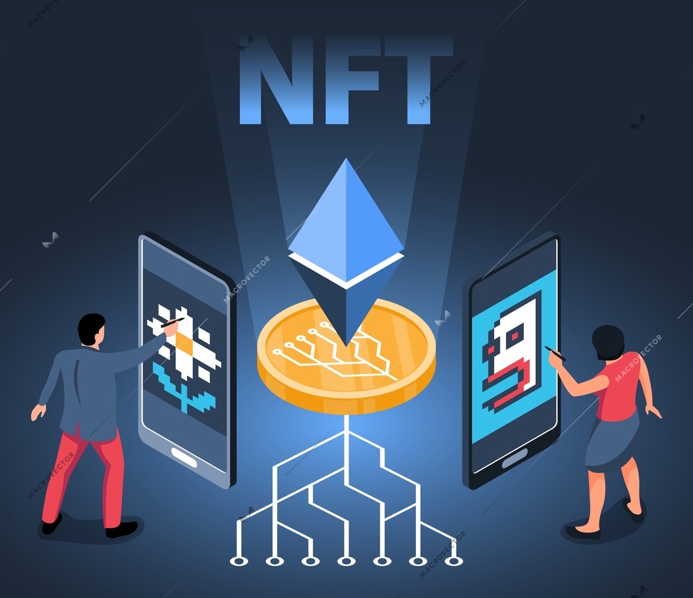 Isometric nft composition with two users transferring nft token with smartphones and crypto connection with text vector illustration