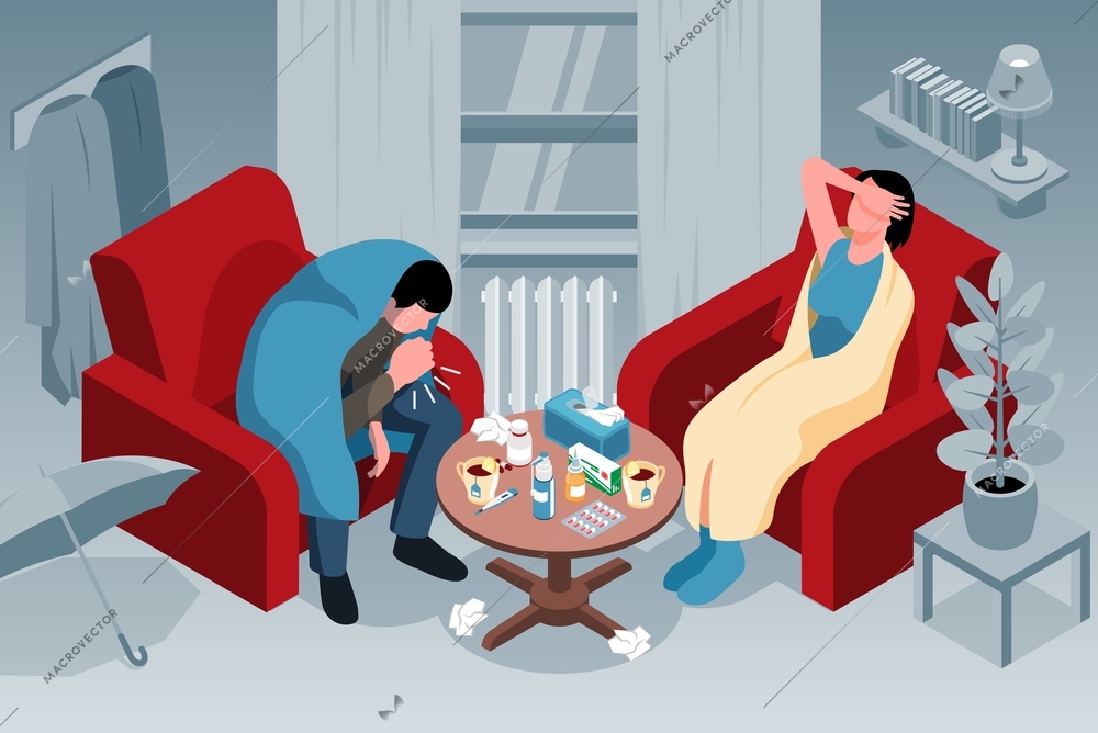 Isometric cold flu horizontal composition with home interior and characters of family couple cocooned in blankets vector illustration