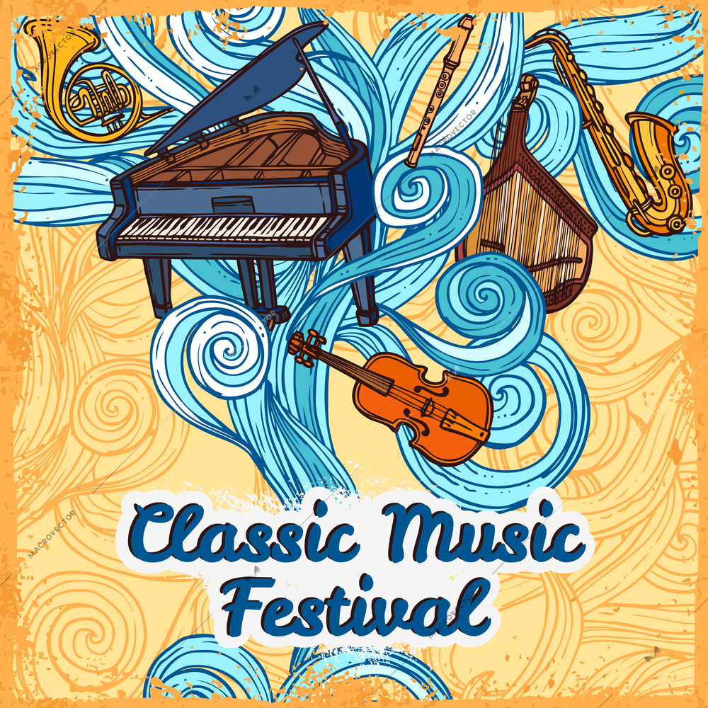 Classic music festival poster with piano violin trumpet instruments vector illustration