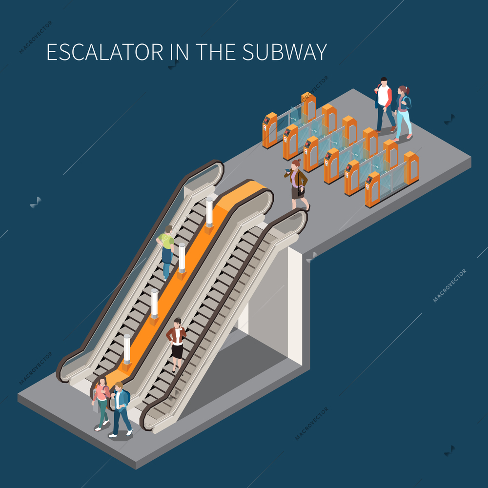 Subway underground metro access with turnstile fare gates passengers descending ascending stairs and escalator isometric vector illustration