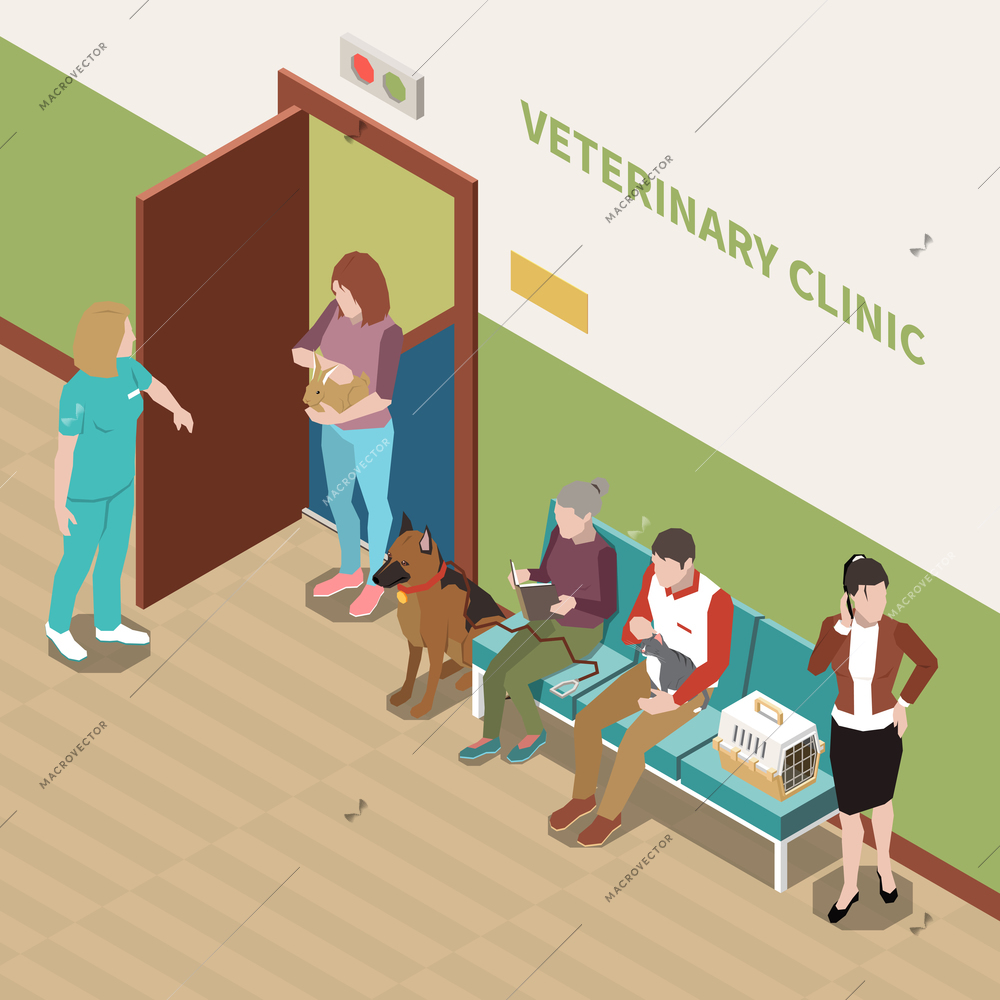 Pet owners with cats and dogs in veterinary clinic waiting room isometric interior view vector illustration
