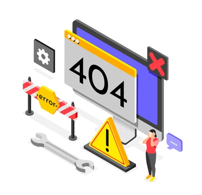 Error colored isometric composition signs tools and materials for solving problems and errors on the computer vector illustration