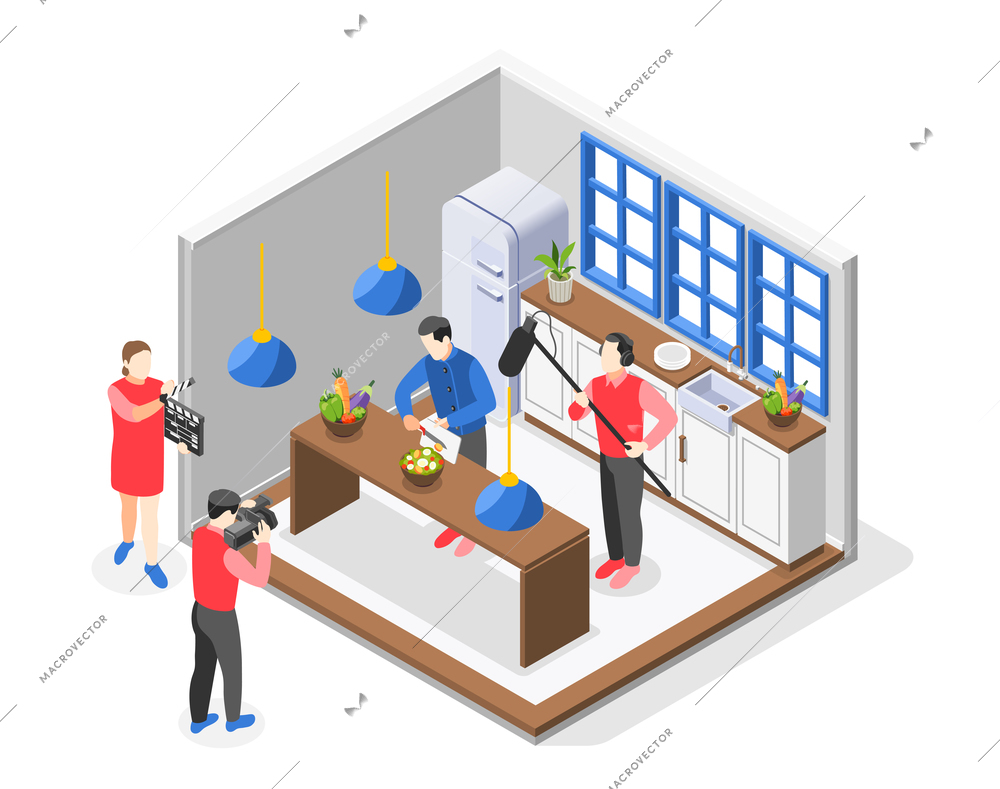 Cooking show colored isometric composition program host prepares a dish in front of cameras and camera crew works around him vector illustration