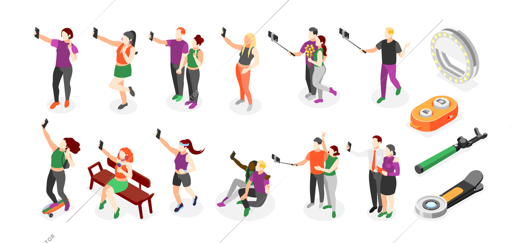 Selfie day isometric icon set men and women couples and singles taking pics and attributes for selfies vector illustration