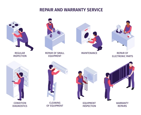 Repair service composition set with inspection symbols isometric isolated vector illustration