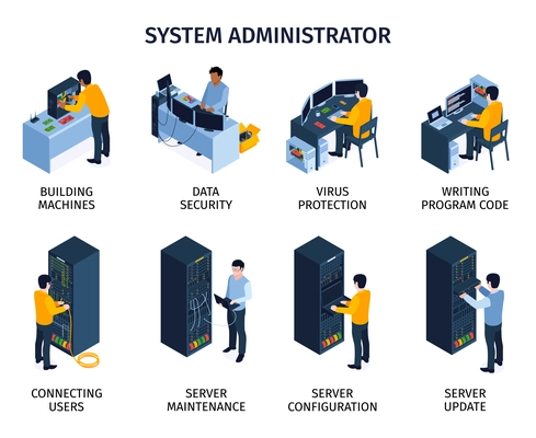 System administrator composition set with server maintenance symbols isometric isolated vector illustration