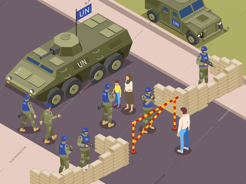 United nations peacekeepers isometric composition with military patrol checking residents before crossing buffer zone vector illustration