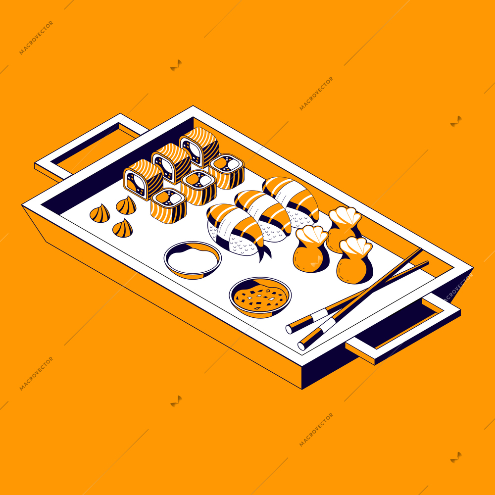 Asian food menu isometric composition with tray of different dishes and chopsticks on orange background vector illustration