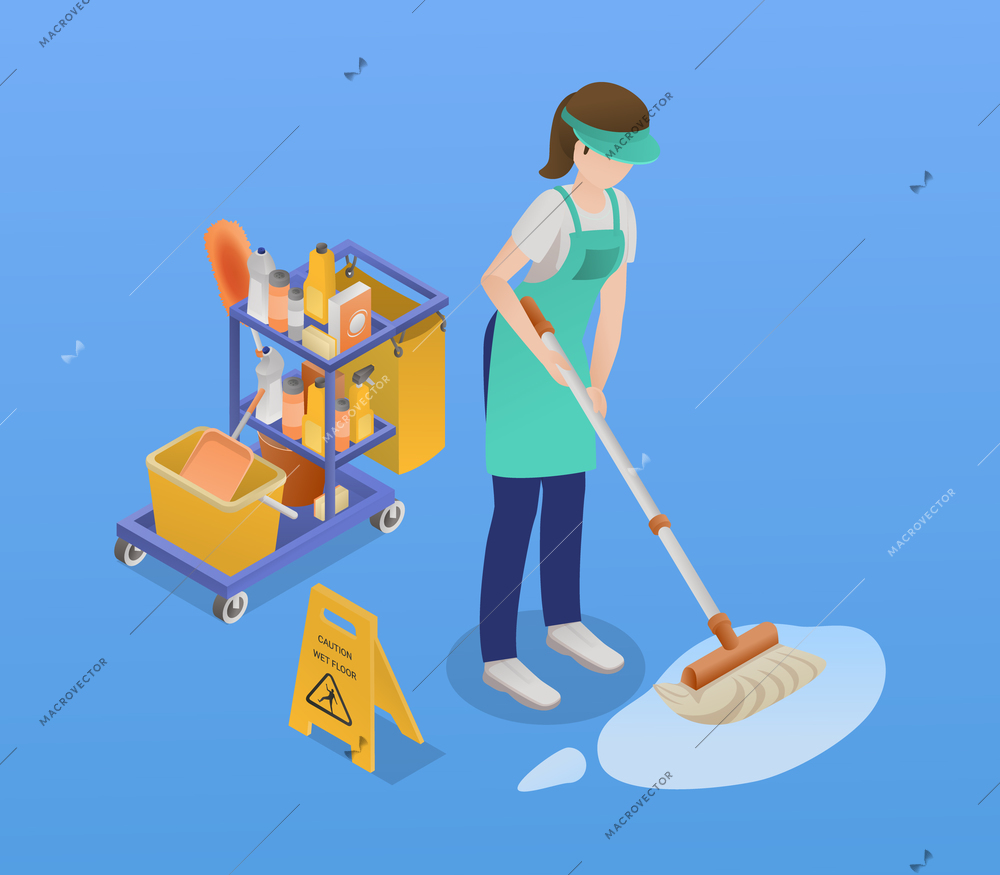 Isometric professional cleaning service composition a woman cleaning the floors at her workplace vector illustration