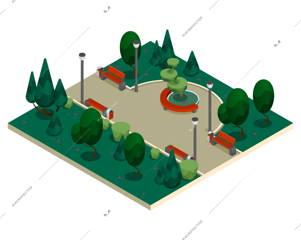 City constructor elements isometric isolated composition mini park with green trees bushes and benches located on the sides vector illustration
