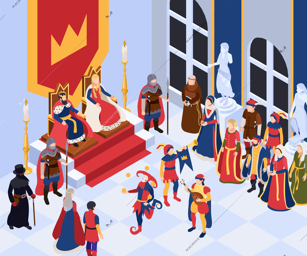 Medieval characters isometric background with king queen and nobility vector illustraion