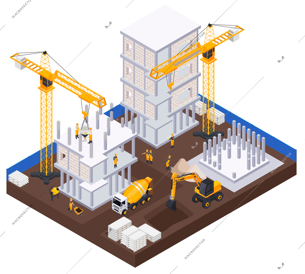 Construction industry isometric concept with equipment and materials symbols vector illustration