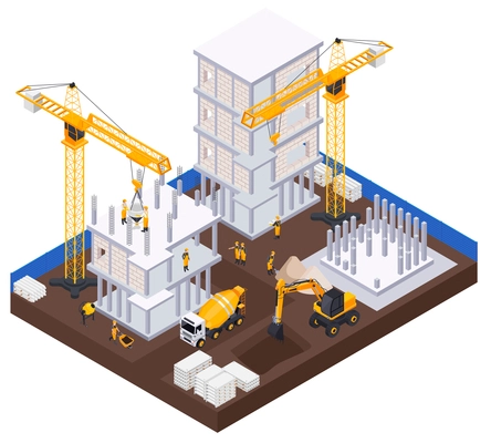 Construction industry isometric concept with equipment and materials symbols vector illustration