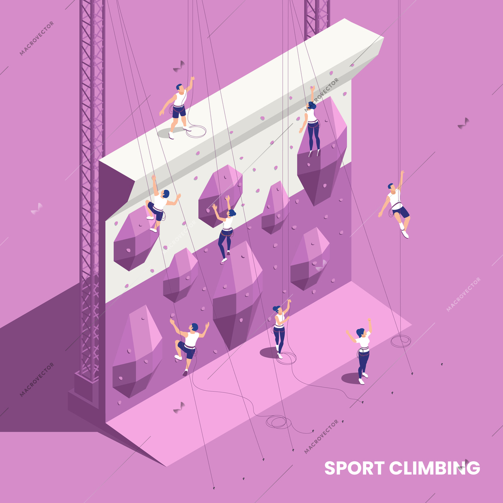 Rock climbing sport indoor gym wall isometric element with handholds footholds top roping climbers background vector illustration