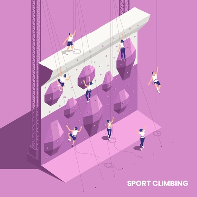 Rock climbing sport indoor gym wall isometric element with handholds footholds top roping climbers background vector illustration