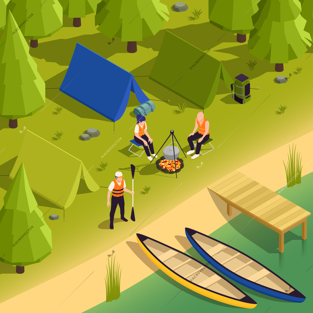 Canoeing and kayaking campsite isometric composition with riverbank boats tent  people cooking food on campfire vector illustration