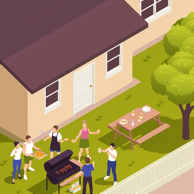 Summer front yard lawn family picnic isometric view with barbecue meat grilling guests bringing pizza vector illustration