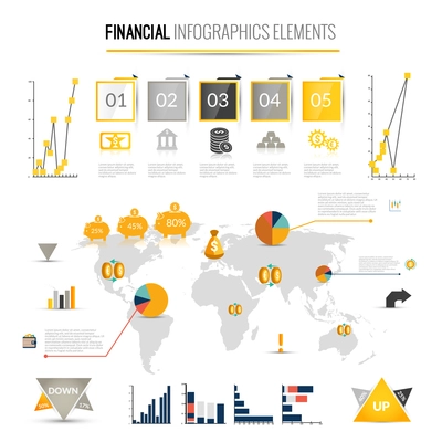 Money finance business infographic with financial icons and world map on background vector illustration