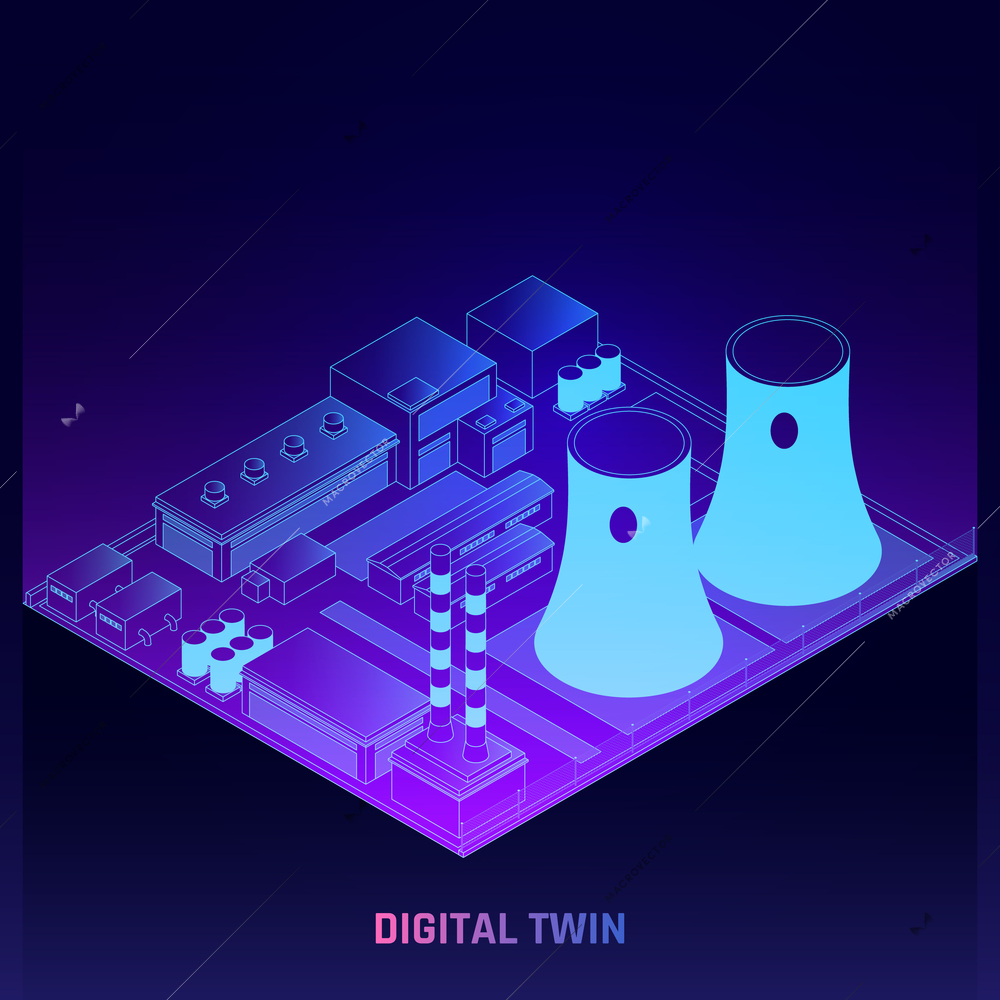 Digital twins production process simulation technology at power generation plant isometric glowing dark background poster vector illustration