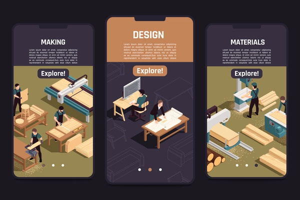 Wooden furniture production info 3 isometric smartphone screens with designer drawings timber selection manufacturing process vector illustration