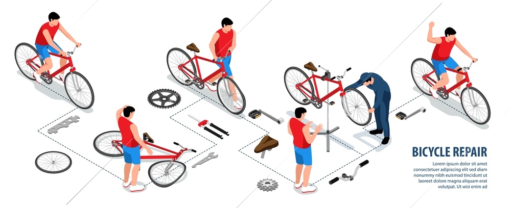 Bicycle repair isometric infographics with  male cyclist riding bike and mechanic revived broken vehicle after crash vector illustration