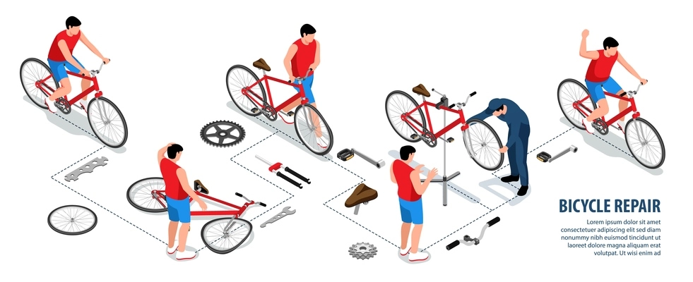 Bicycle repair isometric infographics with  male cyclist riding bike and mechanic revived broken vehicle after crash vector illustration