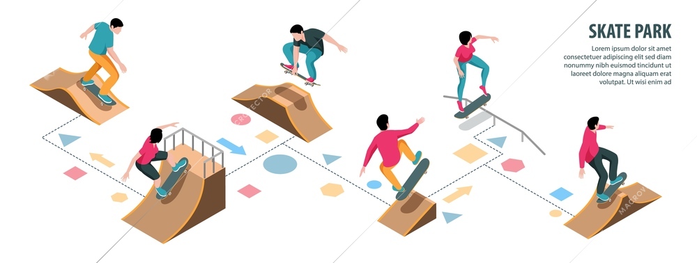 Skate park infographics representing different constructive element of playground for extreme sport activity isometric vector illustration