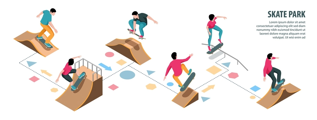 Skate park infographics representing different constructive element of playground for extreme sport activity isometric vector illustration