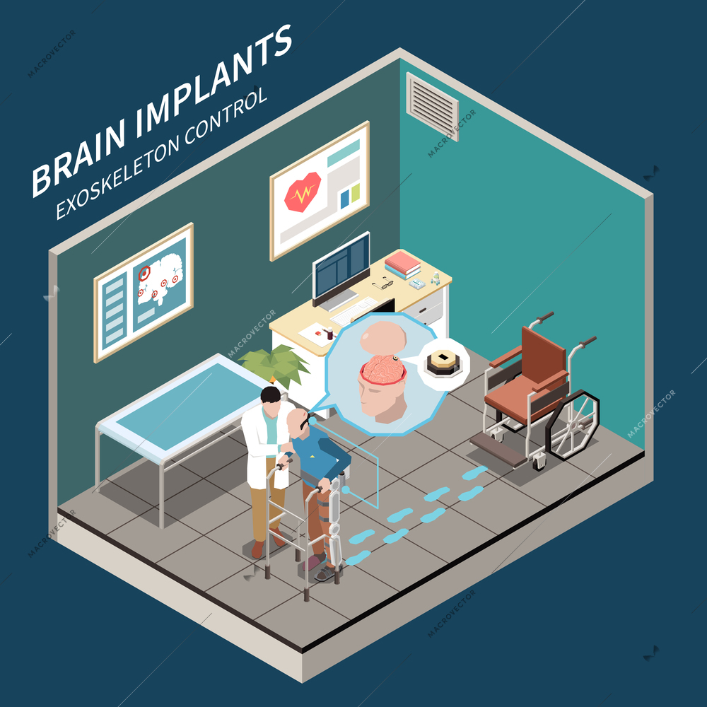 Brain implants technologies of future  enabling exoskeleton control function for disabled people isometric vector illustration