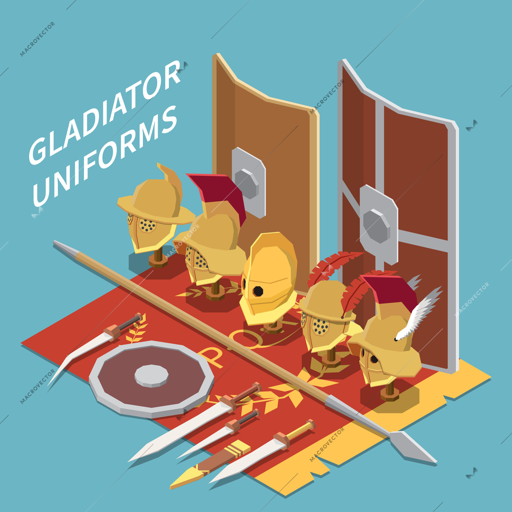 Gladiator uniforms isometric background with set of edged weapons helmets decorated with feathers and shields vector illustration