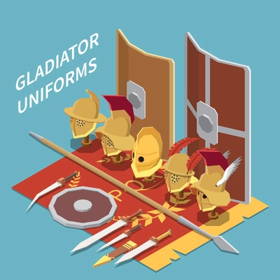 Gladiator uniforms isometric background with set of edged weapons helmets decorated with feathers and shields vector illustration