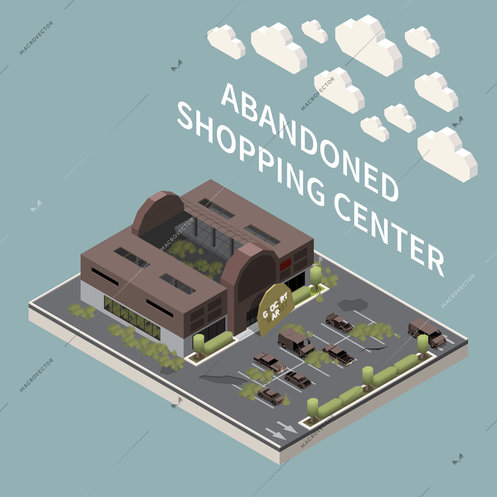 Post apocalypse city isometric background with empty abandoned shopping center and parking with cars without passengers vector illustration