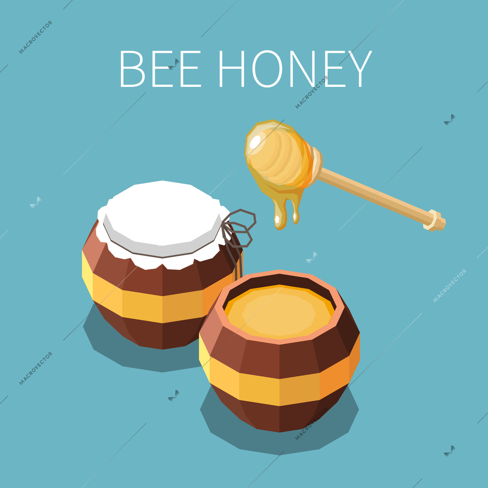 Bee honey isometric background with two wooden barrels of honey and dipper stick  vector illustration