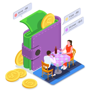 Financial education literacy colored isometric composition abstract wallet from which money is withdrawn after each meal ordered at restaurant vector illustration