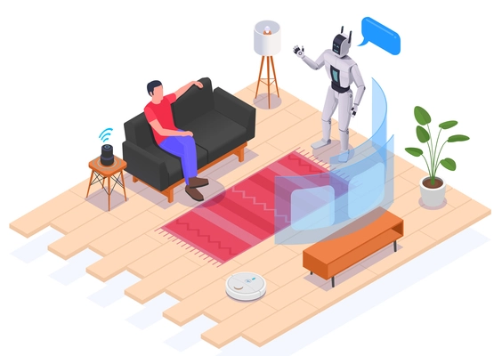 People using interfaces isometric composition man at home sitting on the couch looking at projection screen communicating with robot and voice assistant vector illustration