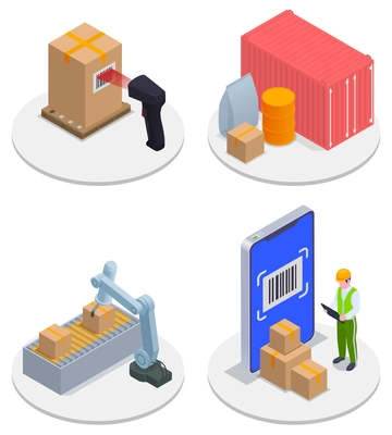Isometric modern warehouse icon set scanner storage bin robotic arm worker checks boxes against scanner on round stand vector illustration