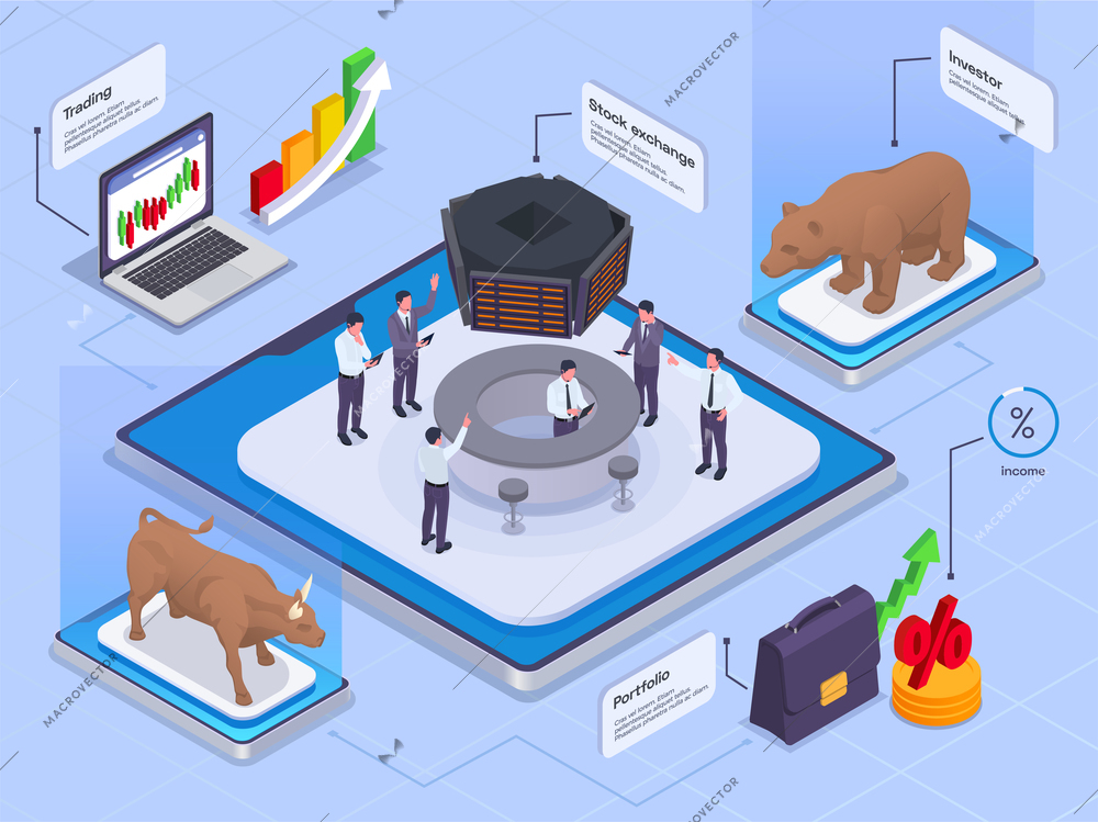 Stock exchange financial market trading isometric colored concept with trading stock exchange investor portfolio and percent of income descriptions vector illustration