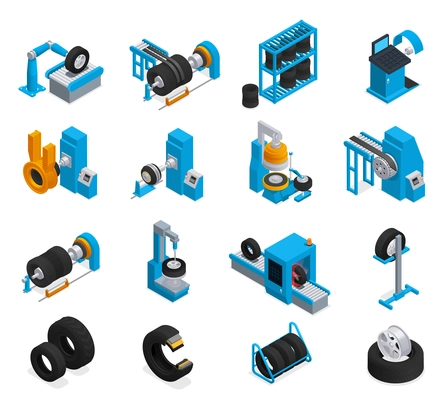 Tire production service isometric icon set the different stages of production at the factory vector illustration