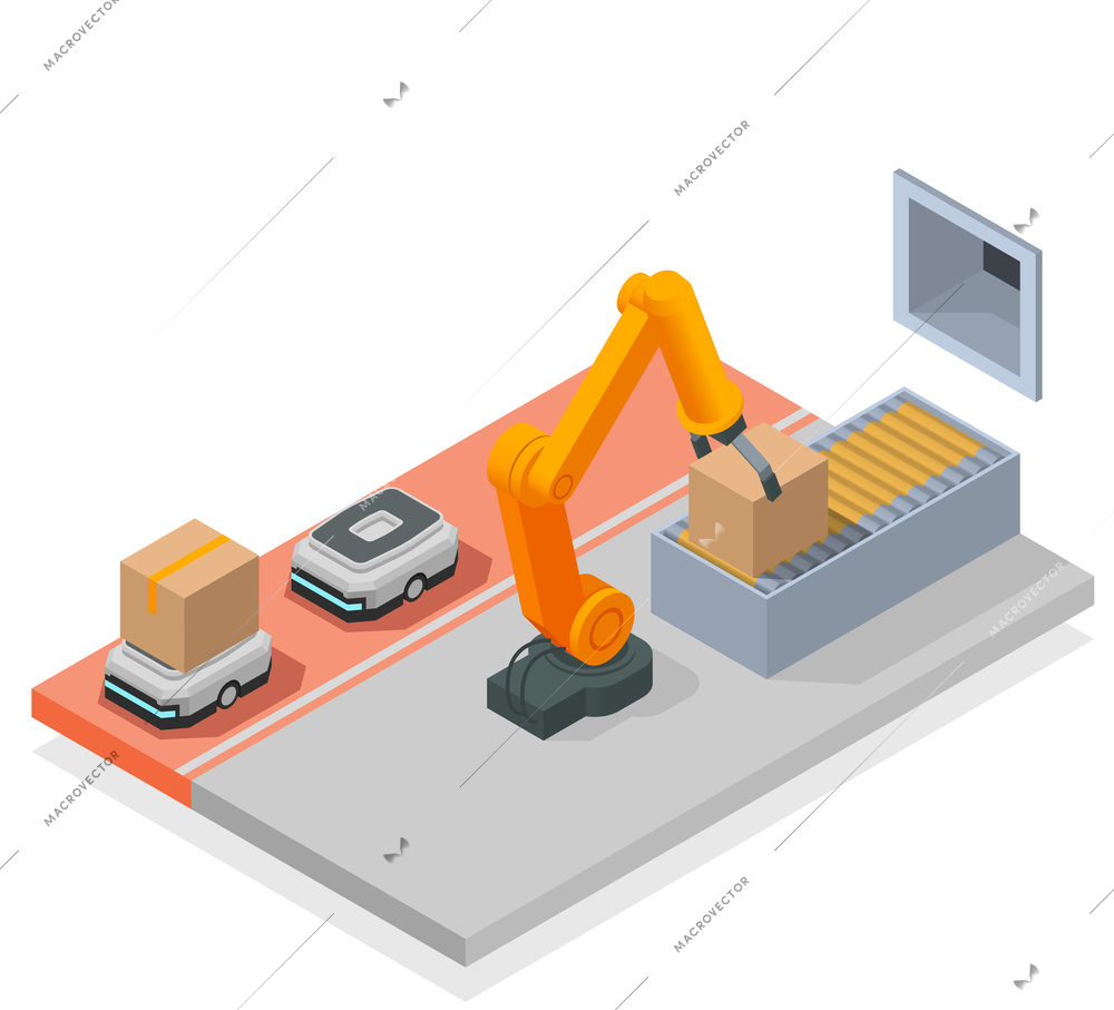 Modern warehouse colored isometric composition automated room in the warehouse with robotic arm and trucking vector illustration