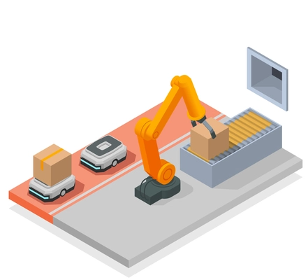 Modern warehouse colored isometric composition automated room in the warehouse with robotic arm and trucking vector illustration