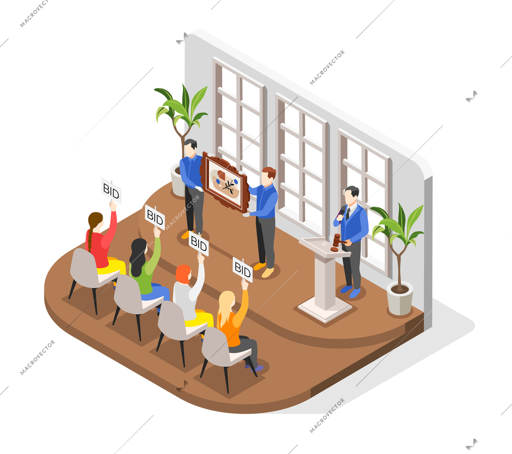 Auction isometric composition with indoor scenery and bidders looking at expensive painting held by auctioneer characters vector illustration