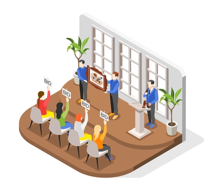 Auction isometric composition with indoor scenery and bidders looking at expensive painting held by auctioneer characters vector illustration