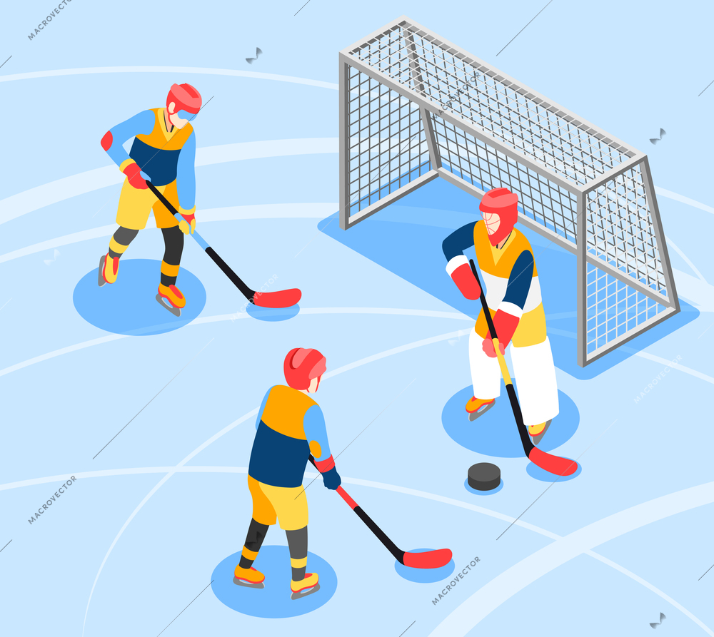 International olympic day isometric composition with skating rink scenery and hockey players with sticks and puck vector illustration