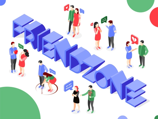 Friendzone isometric composition with 3d text surrounded by human characters of rejected lovers with broken heart vector illustration