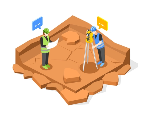 Geodesy isometric composition with view of square pit and characters of two engineers performing some measurements vector illustration