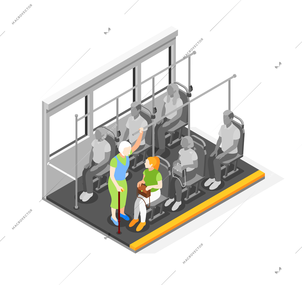 Public transport problems isometric composition with inner view of bus with sitting woman and elderly person vector illustration