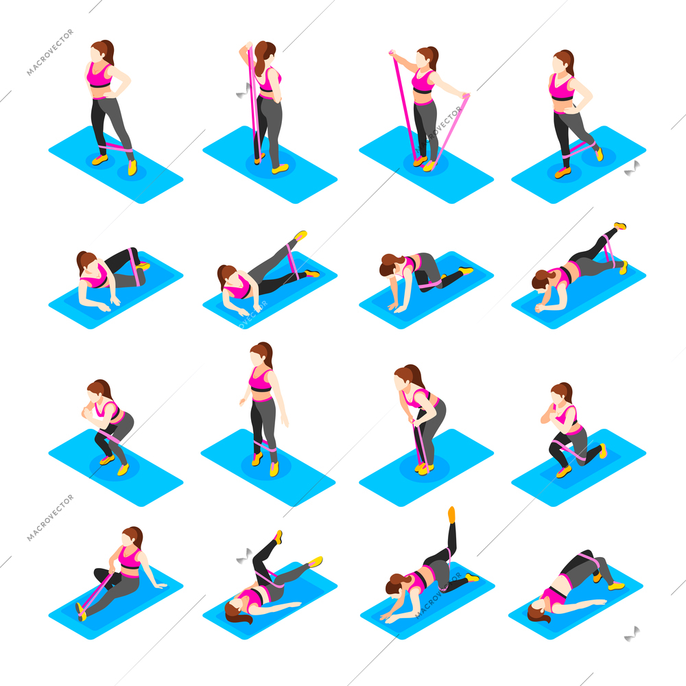 Resistance band exercises isometric set of isolated icons female characters practicing with rope on gymnastic mat vector illustration